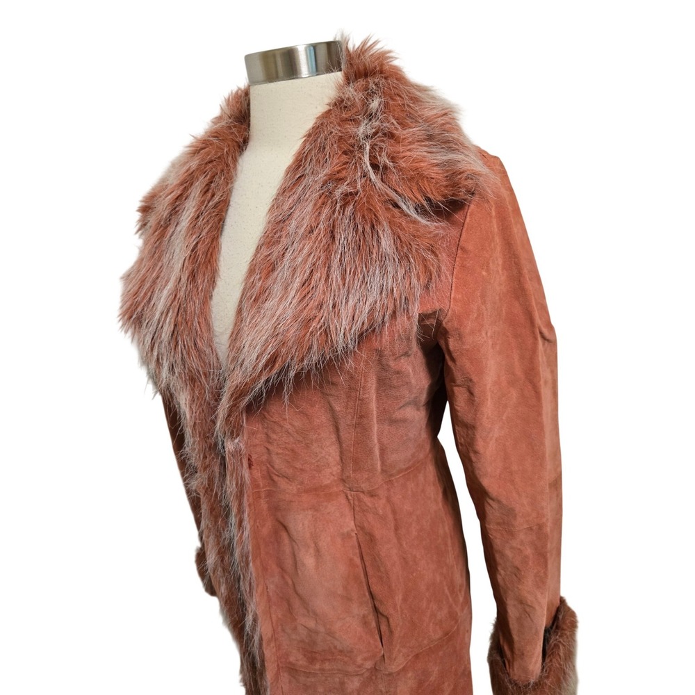 Y2K Vintage Suede Penny Lane Coat Faux Fur Trim Rust Orange Boho Jacket Medium - Picture 9 of 9